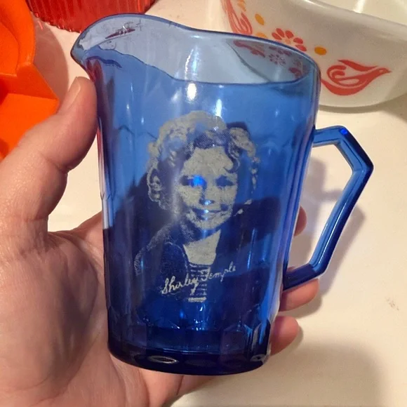 Vintage Blue Glass Pitcher with Shirley Temple three available sold as set - Picture 3 of 4